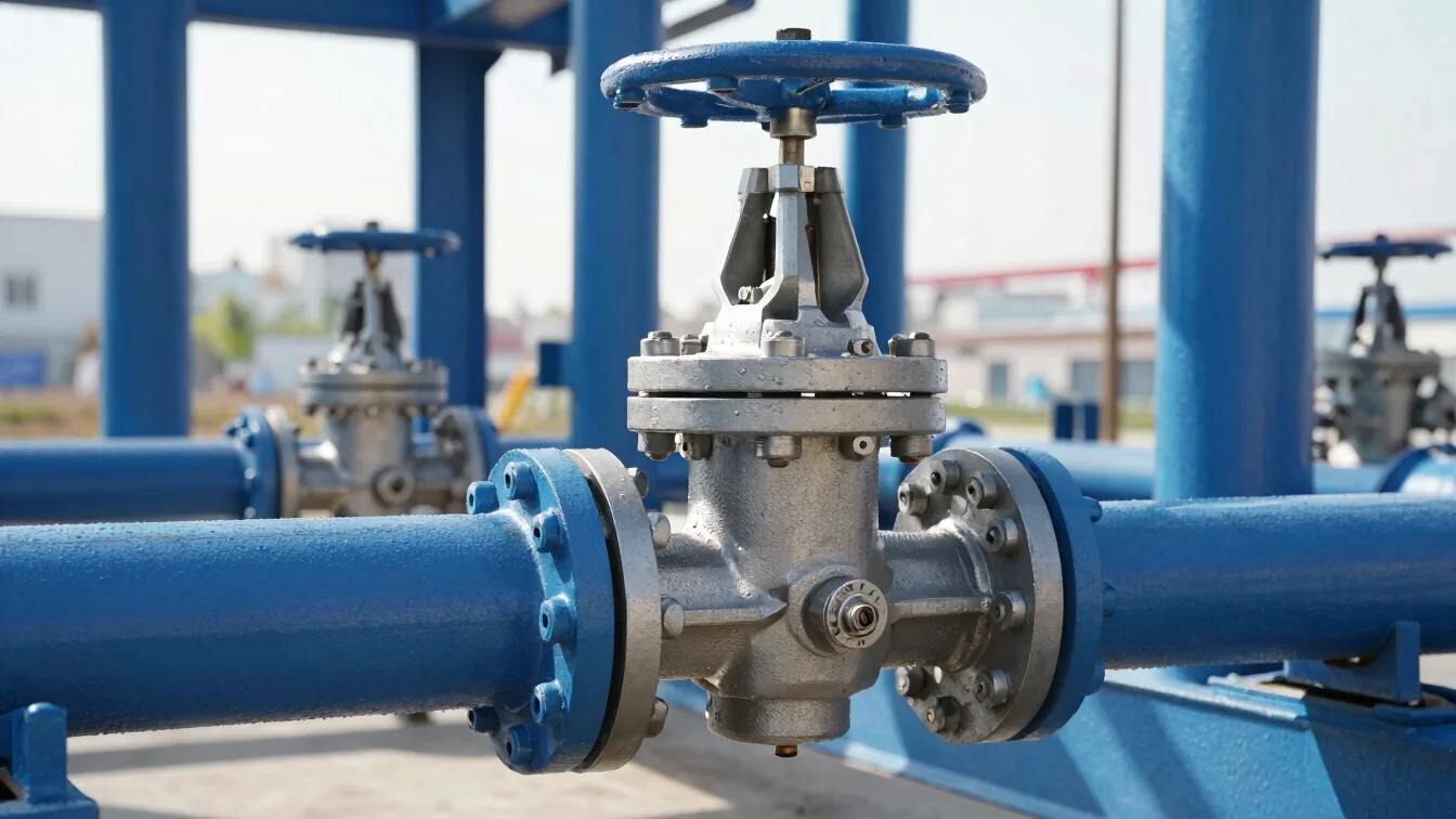 Industrial check valve assembly installed on a blue coated steel