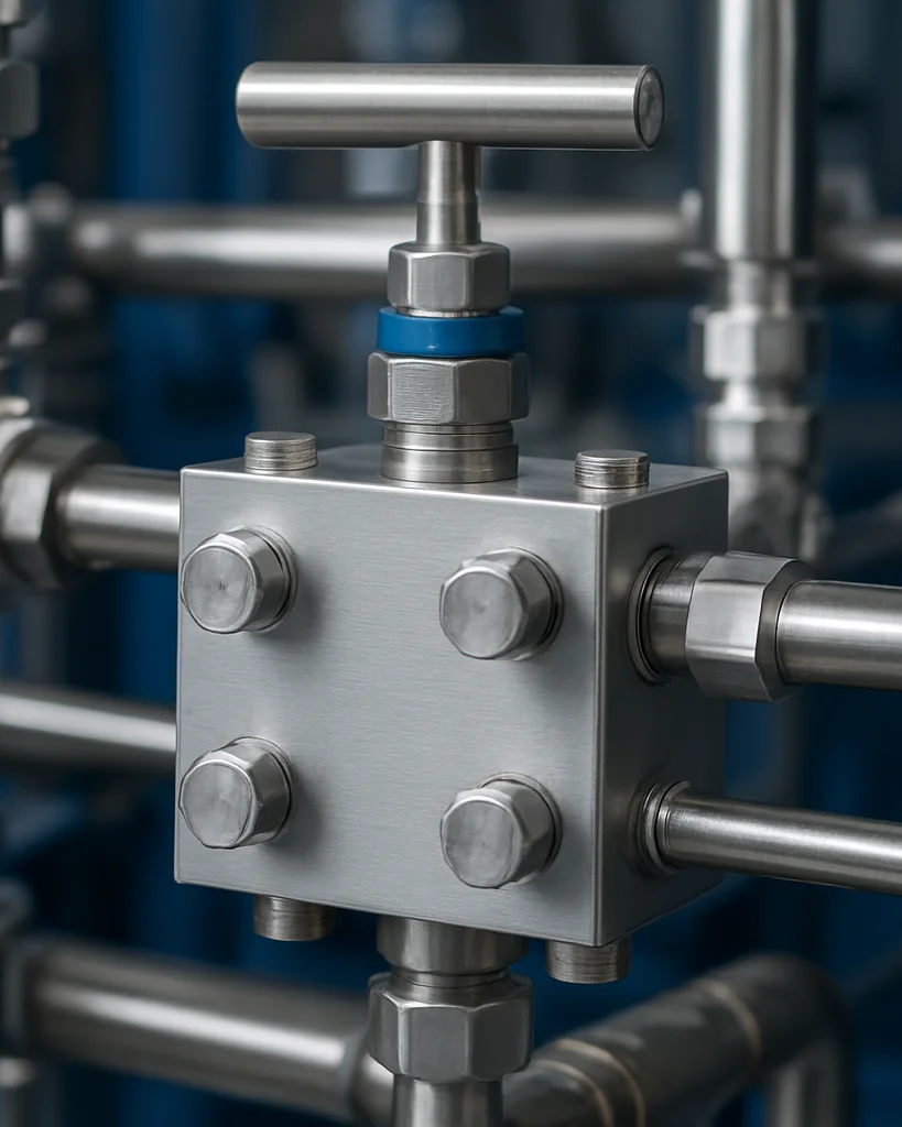 Close-up of a high-precision stainless steel valve manifold in an industrial assembly plant, crisp industrial studio lig