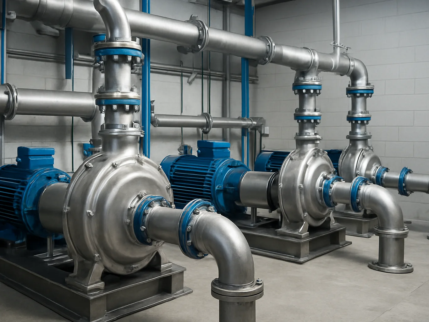 Wide stainless steel raw water intake pumps installed at a munici