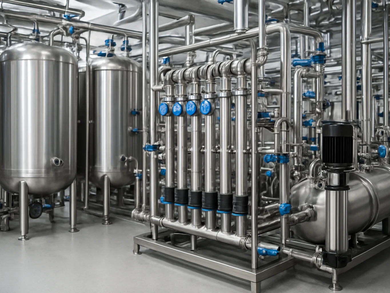 Industrial water treatment tanks and precision filtration manifol