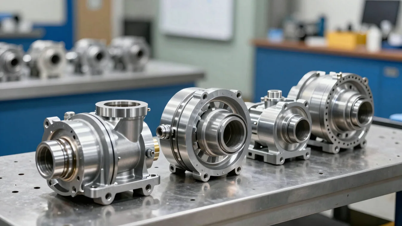 Precision-machined turbine pump components on a clean metal workb