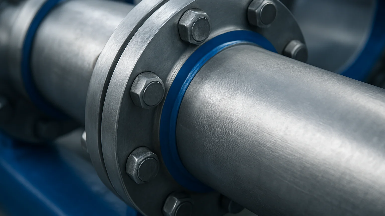 High-detail macro shot of machined flanges on a heavy-duty water
